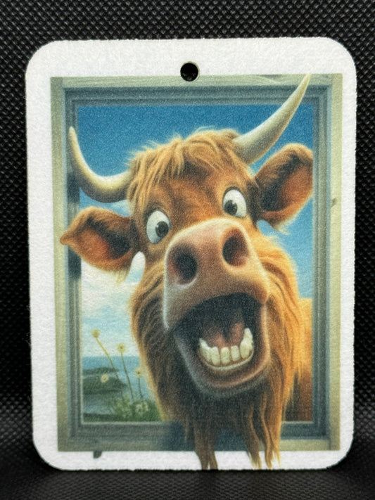 Happy Highland Cow In Window Felt Freshie 1069
