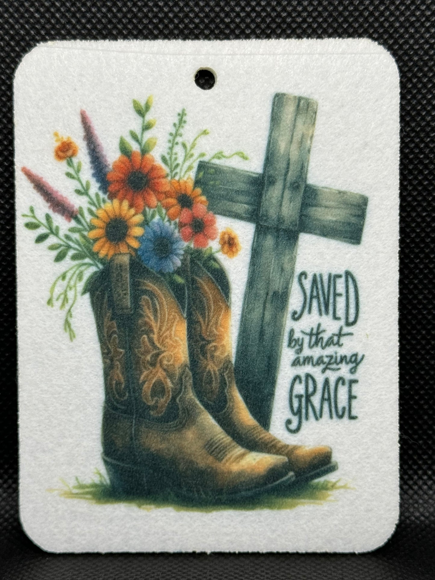 Saved By That Amazing Grace Boots and Cross Felt Freshie 1078