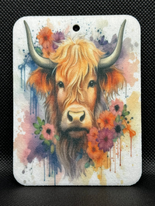 Watercolor Highland Cow Floral Felt Freshie 1156