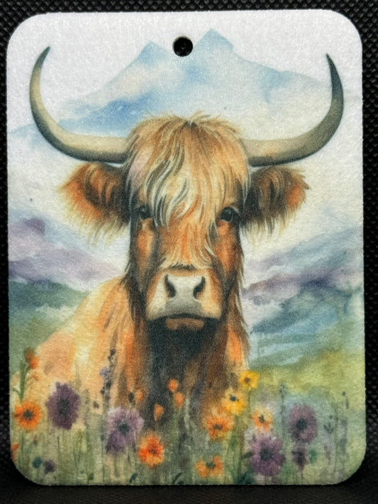 Highland Cow Mountain Watercolor Felt Freshie 1162