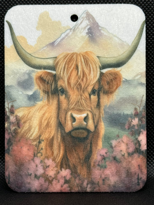 Watercolor Highland Cow Mountain Scene Felt Freshie 1165