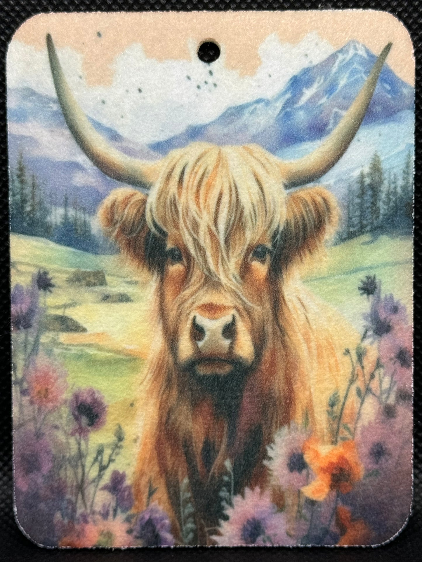 Watercolor Highland Cow Floral Mountain Scene Felt Freshie 1167