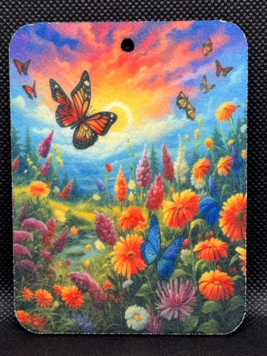 Butterfly With Sunset and Colorful Flower Felt Freshie 1184