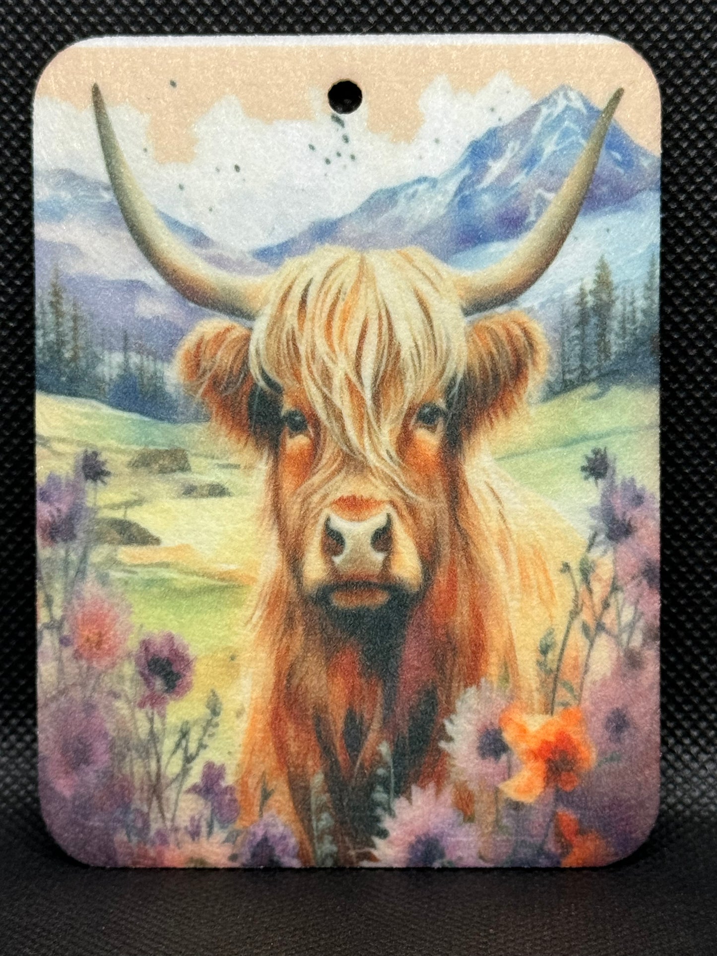 Watercolor Highland Cow Mountain Floral Felt Freshie 1210