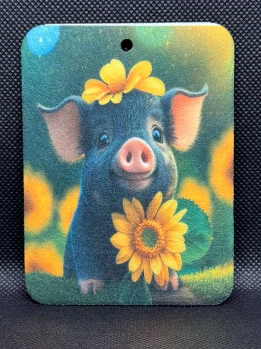 Black Sitting Pig With Sunflower Felt Freshie 1262