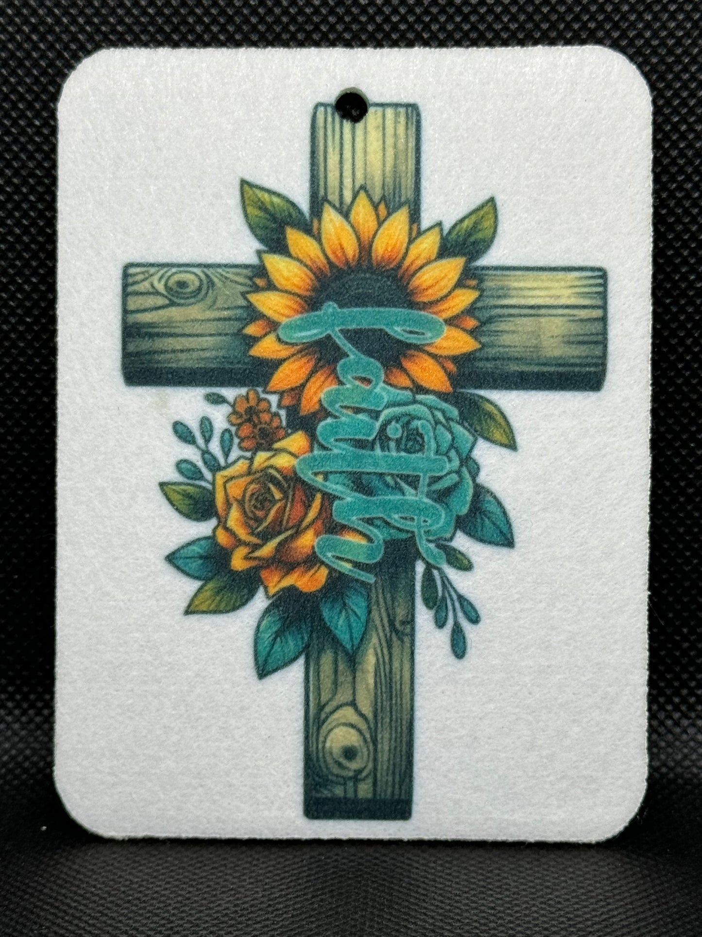Wooden Cross with Sunflower Felt Freshie 1291