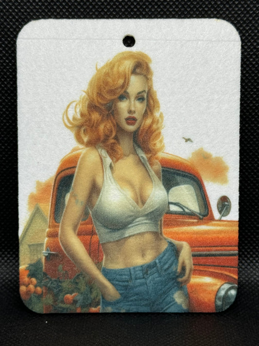 Red Hair Pin Up Girl with Truck Felt Freshie 1304
