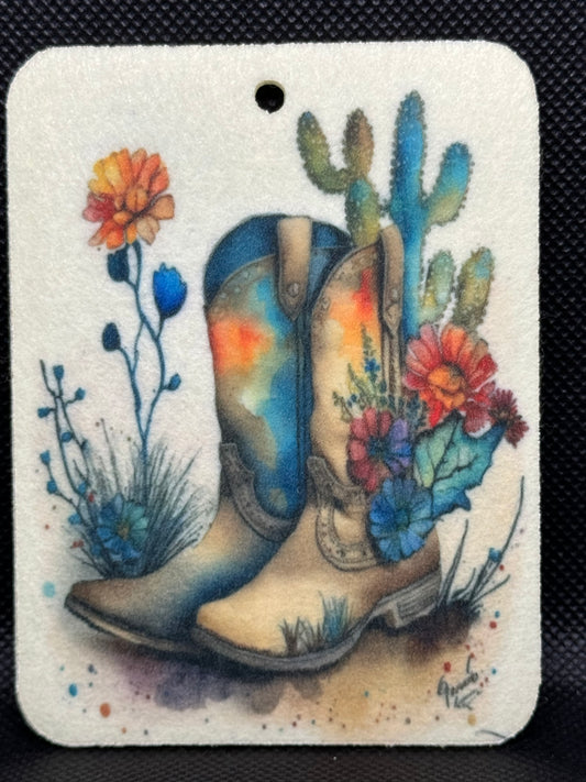 Colorful Watercolor Boots With Cactus Felt Freshie 1344