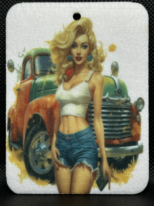 Blonde Pin Up Girl With Vintage Truck Felt Freshie 1361